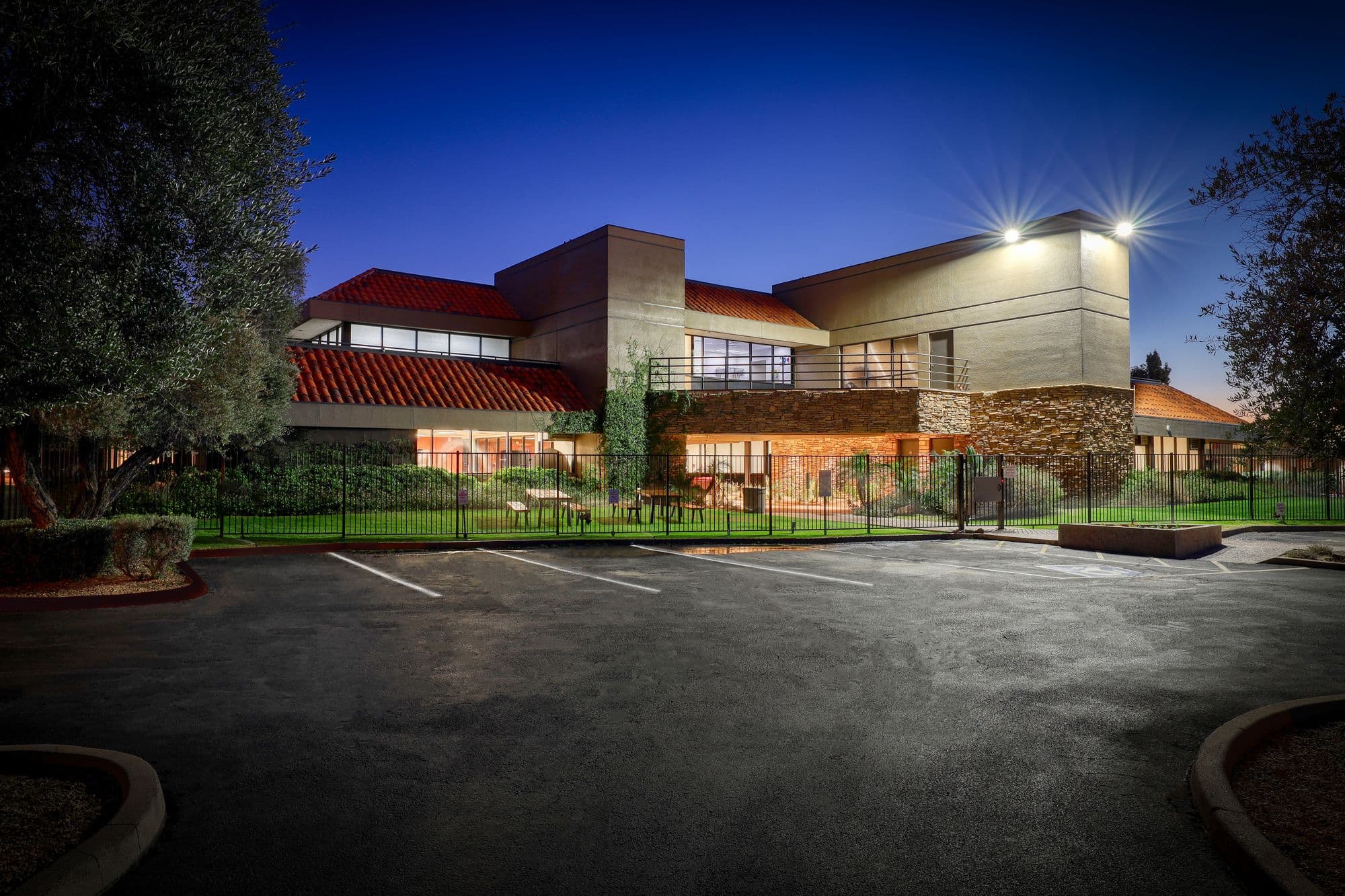 Exterior of the Scottsdale residential campus at dusk